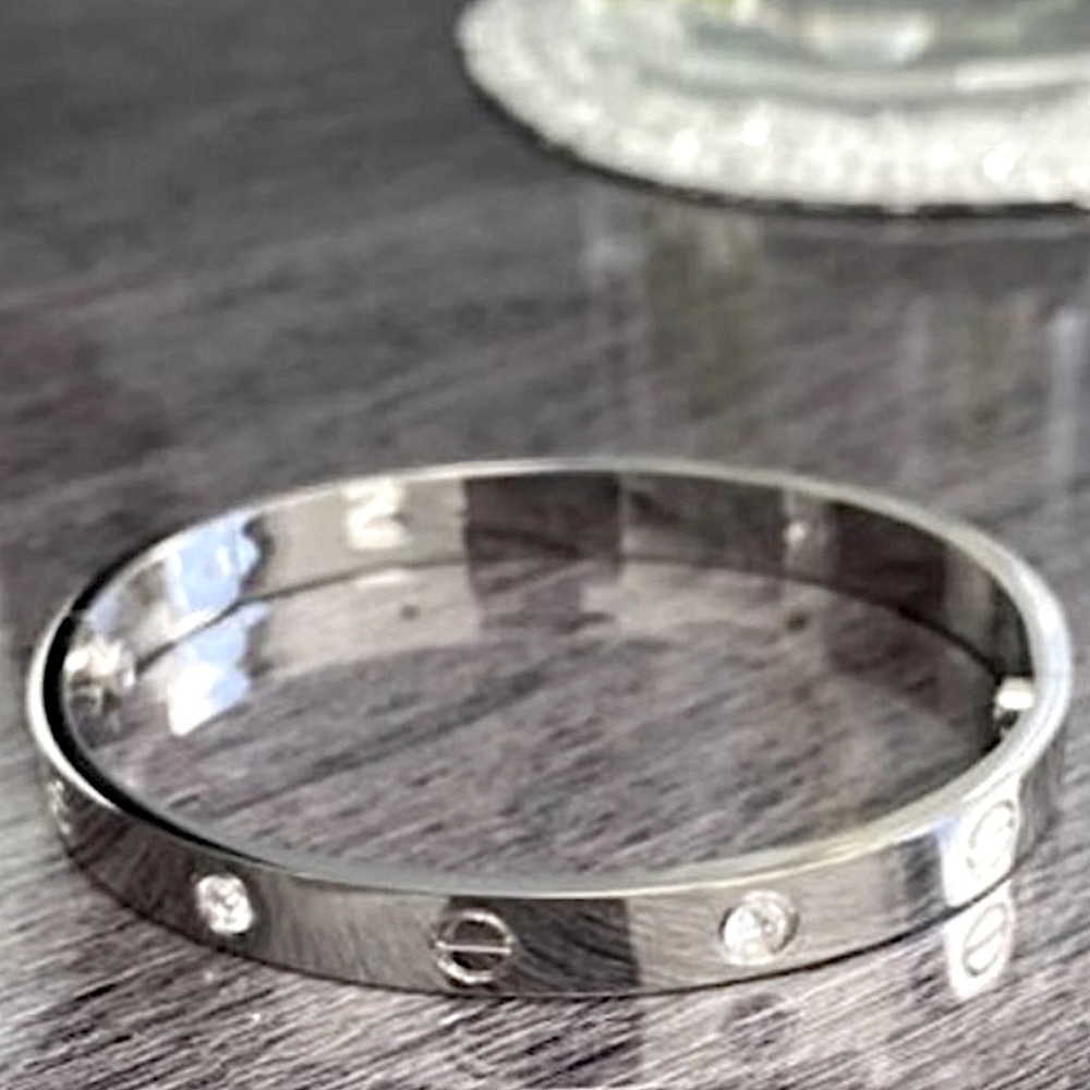 Stainless Steel Bangle Bracelet With Stones Platinum Plating